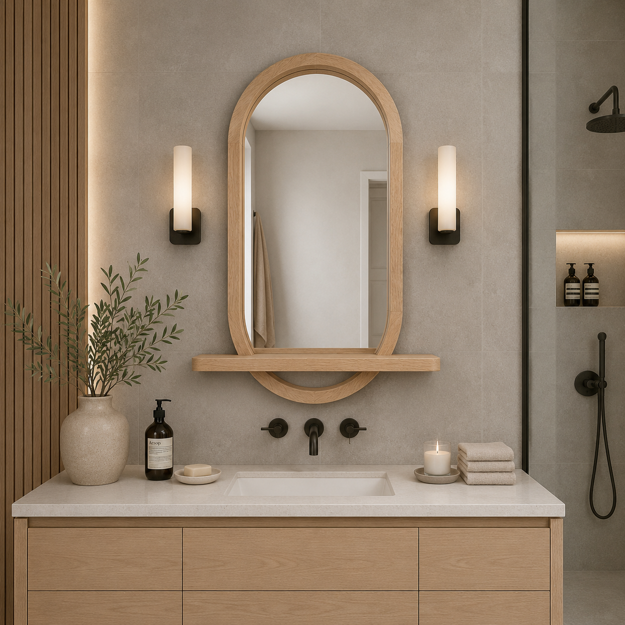 Capsule Wood Wall Mirror with Shelf, Modern Entryway and Vanity Mirror