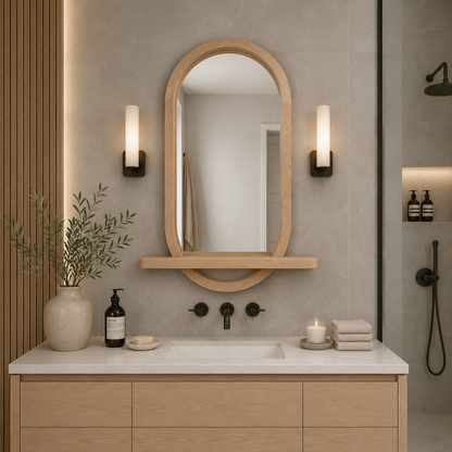 Capsule Wood Wall Mirror with Shelf, Modern Entryway and Vanity Mirror