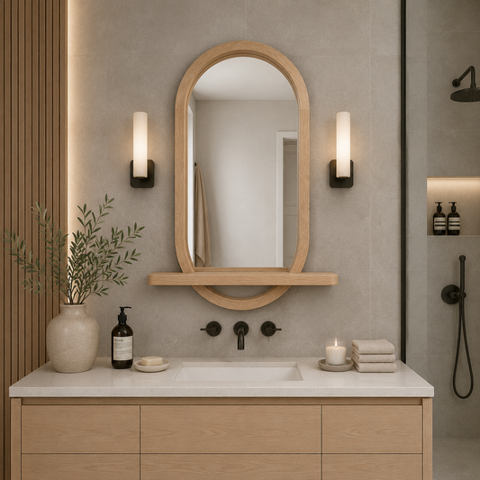 Capsule Wood Wall Mirror with Shelf, Modern Entryway and Vanity Mirror
