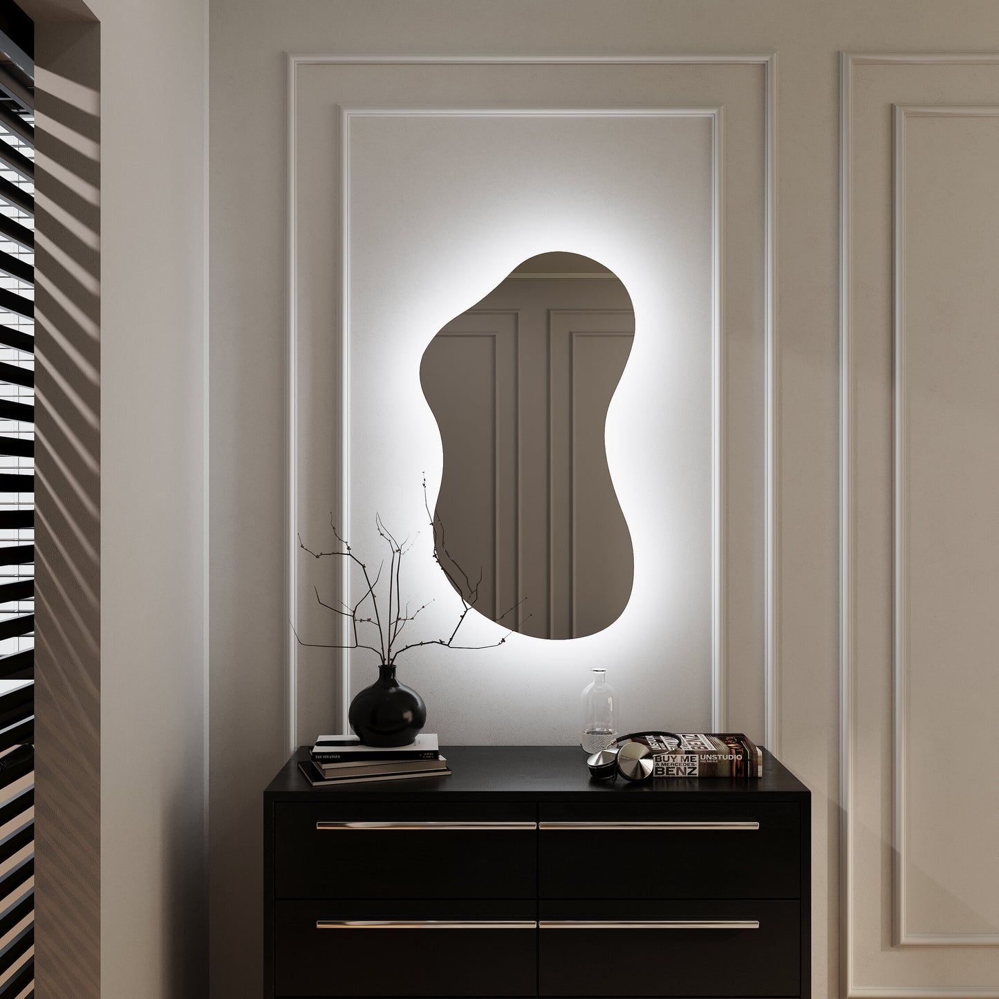 LED Bathroom Mirror Asymmetrical Shape – Modern Backlit Vanity Wall Mirror