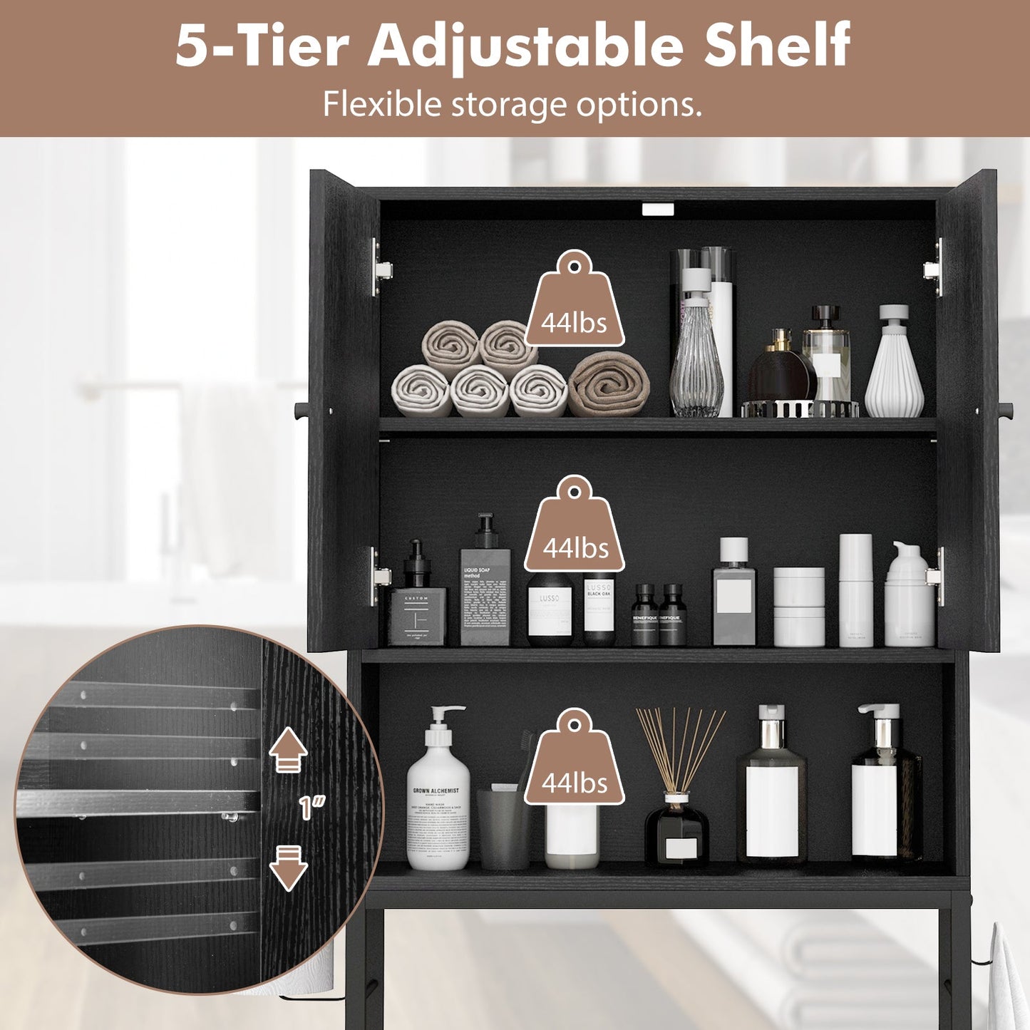 Over The Toilet Storage Cabinet | 2 Doors, Adjustable Shelf – Black