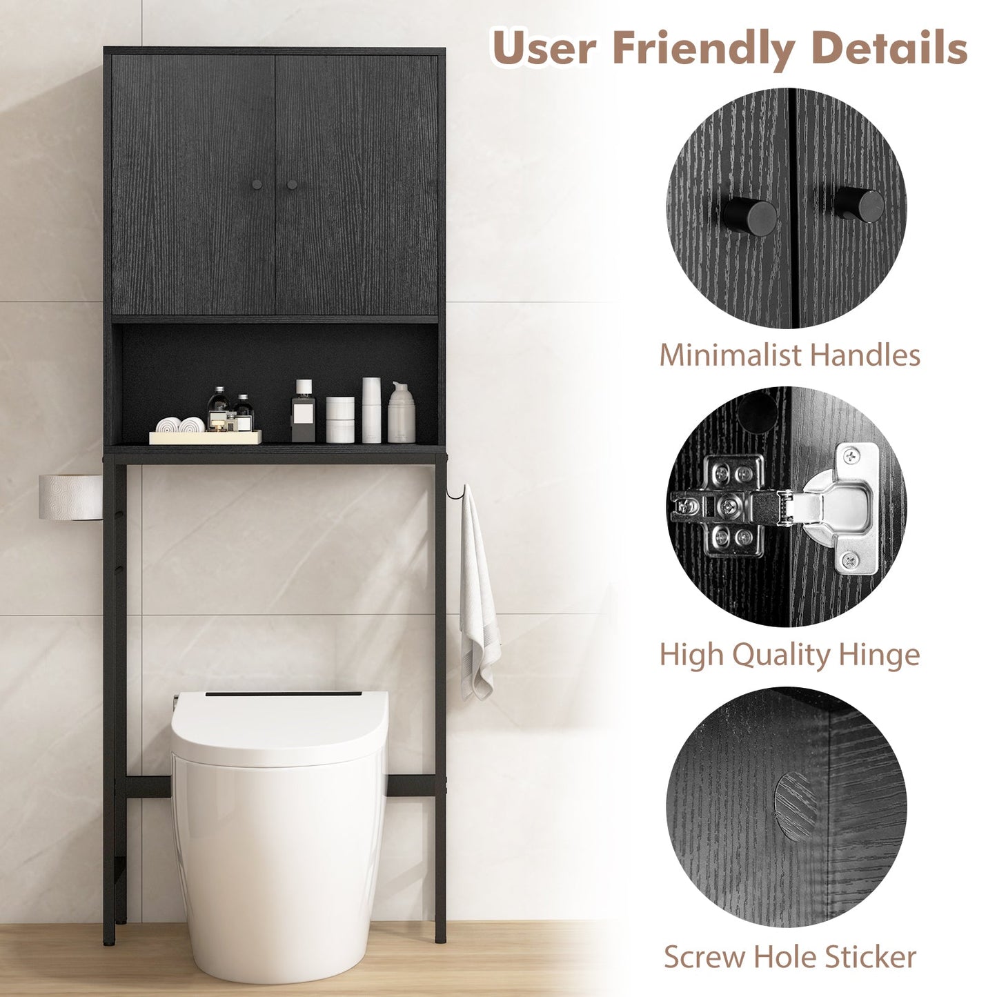 Over The Toilet Storage Cabinet | 2 Doors, Adjustable Shelf – Black