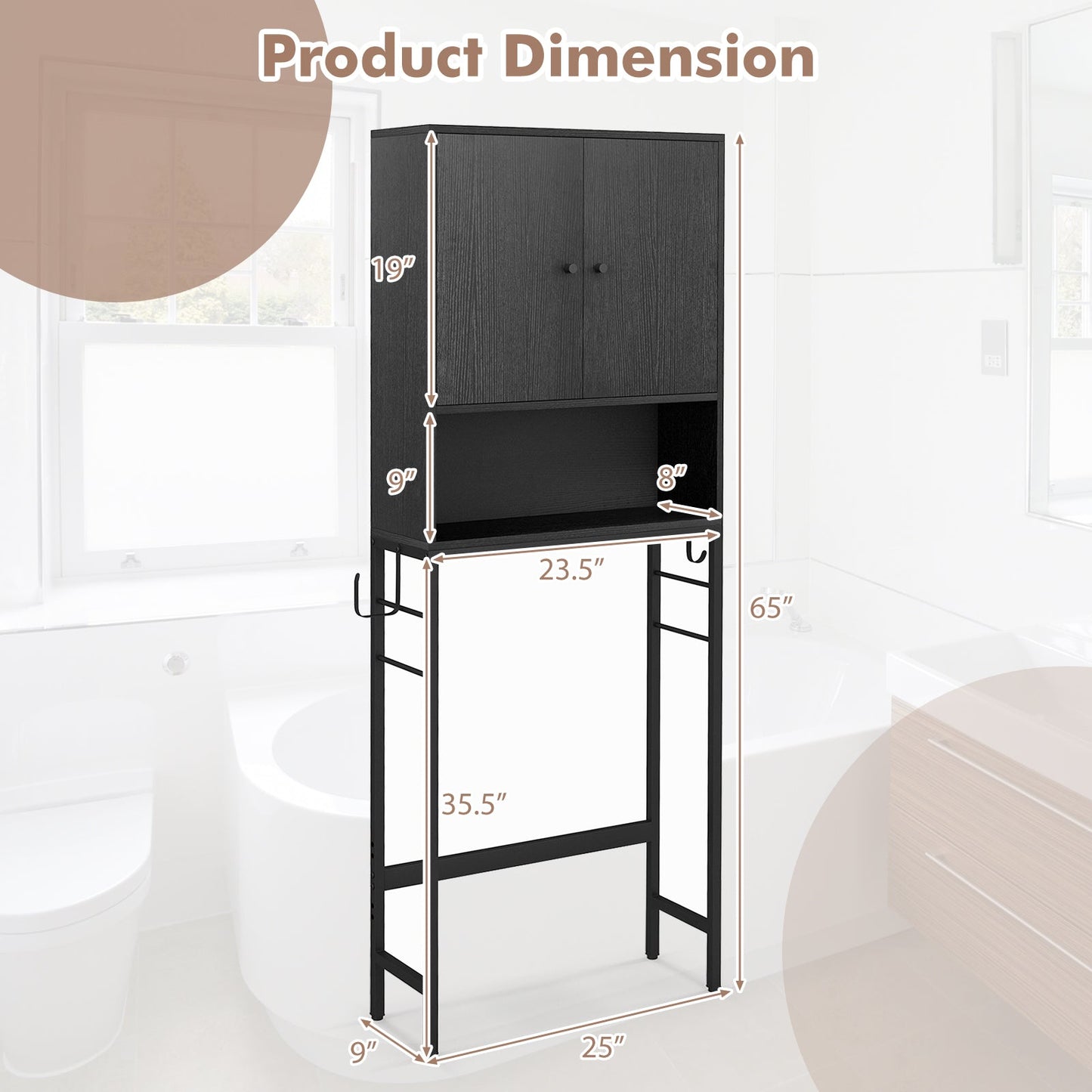 Over The Toilet Storage Cabinet | 2 Doors, Adjustable Shelf – Black