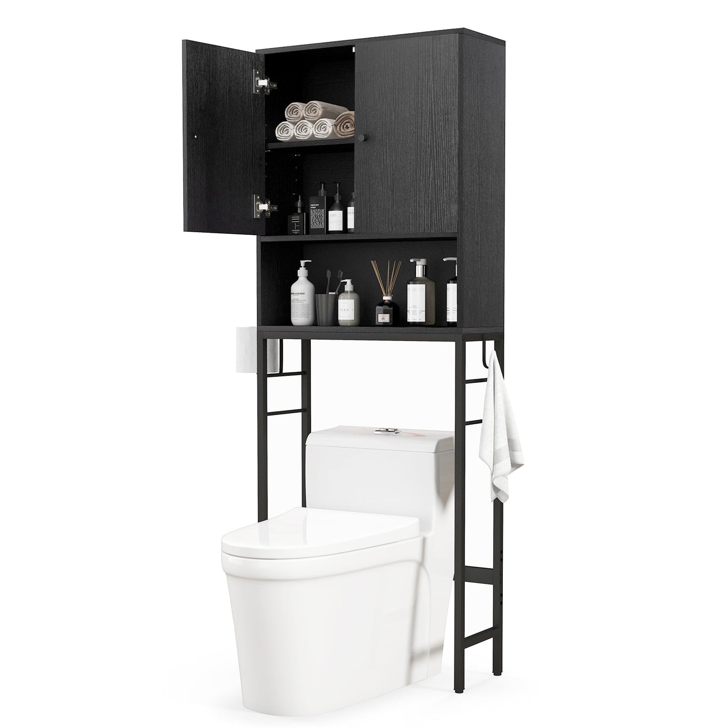 Over The Toilet Storage Cabinet | 2 Doors, Adjustable Shelf – Black