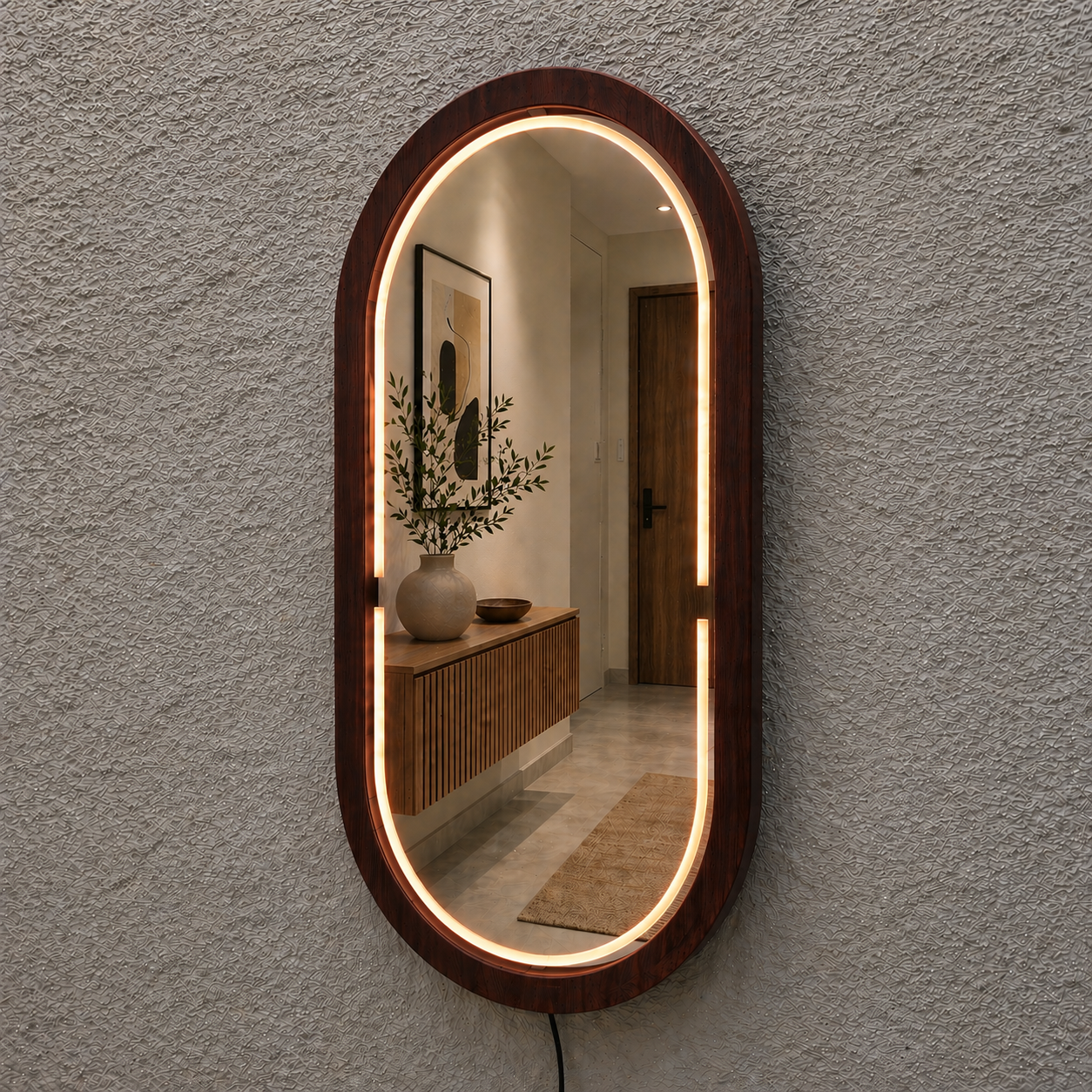 Handmade Beech Wood Framed LED Capsule Mirror Dimmable Lighted Wall Mirror