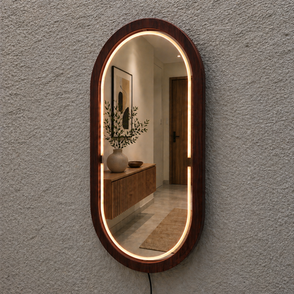 Handmade Beech Wood Framed LED Capsule Mirror Dimmable Lighted Wall Mirror