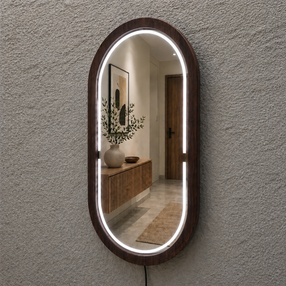 Handmade Beech Wood Framed LED Capsule Mirror Dimmable Lighted Wall Mirror
