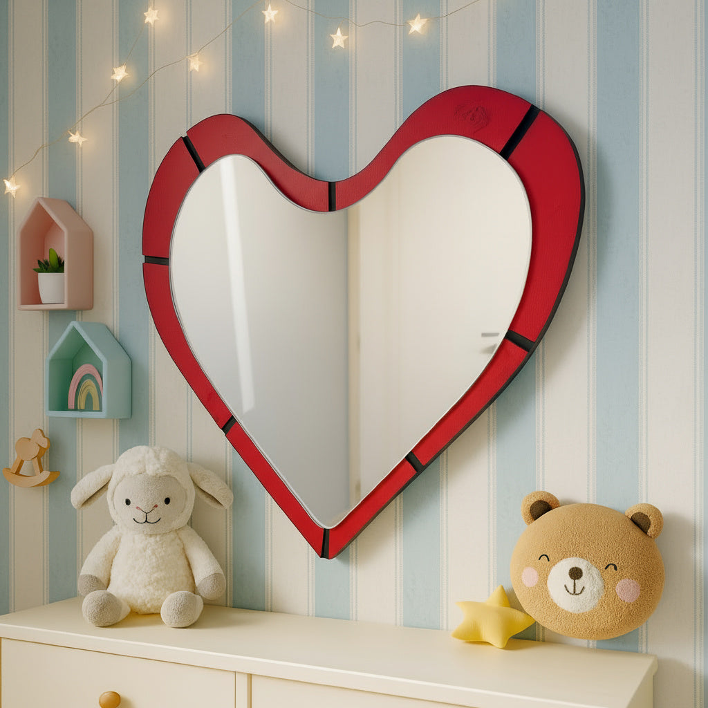 Heart Wall Mirror – Romantic Red wooden Frame Mirror Modern, Aesthetic Decorative Mirror for Bedroom & Living Room