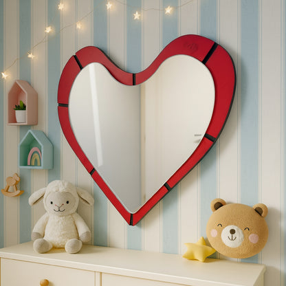 Heart Wall Mirror – Romantic Red wooden Frame Mirror Modern, Aesthetic Decorative Mirror for Bedroom & Living Room