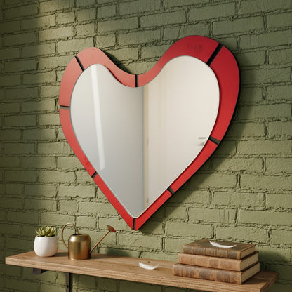 Heart Wall Mirror – Romantic Red wooden Frame Mirror Modern, Aesthetic Decorative Mirror for Bedroom & Living Room