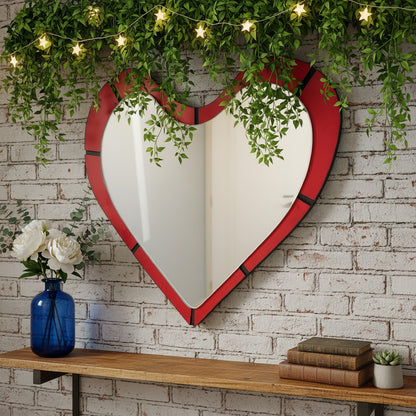 Heart Wall Mirror – Romantic Red wooden Frame Mirror Modern, Aesthetic Decorative Mirror for Bedroom & Living Room