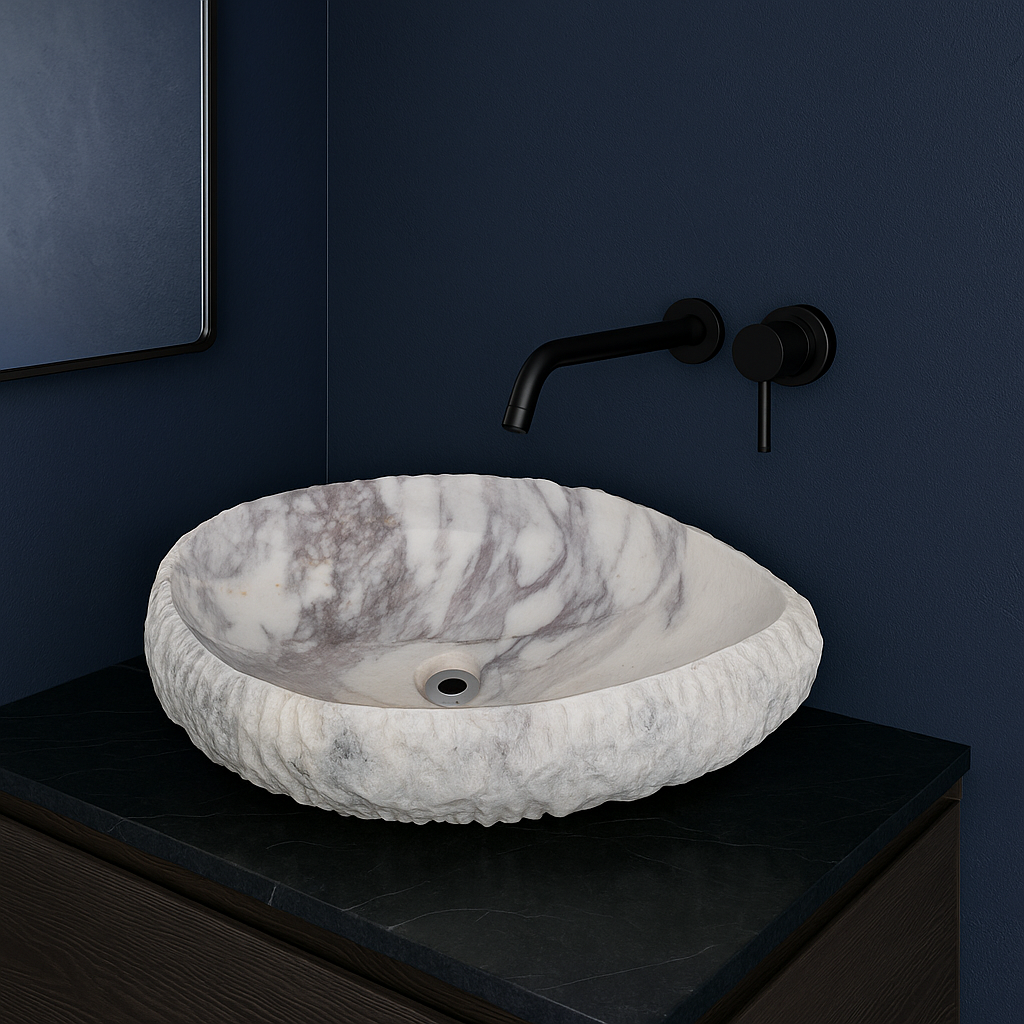 Luxury Marble Vessel Sink – Handcrafted Natural Stone Bathroom Basin with Textured Edge, Modern Vanity Bowl 21.6"x15.7"x5.5" (55x40x14 cm)
