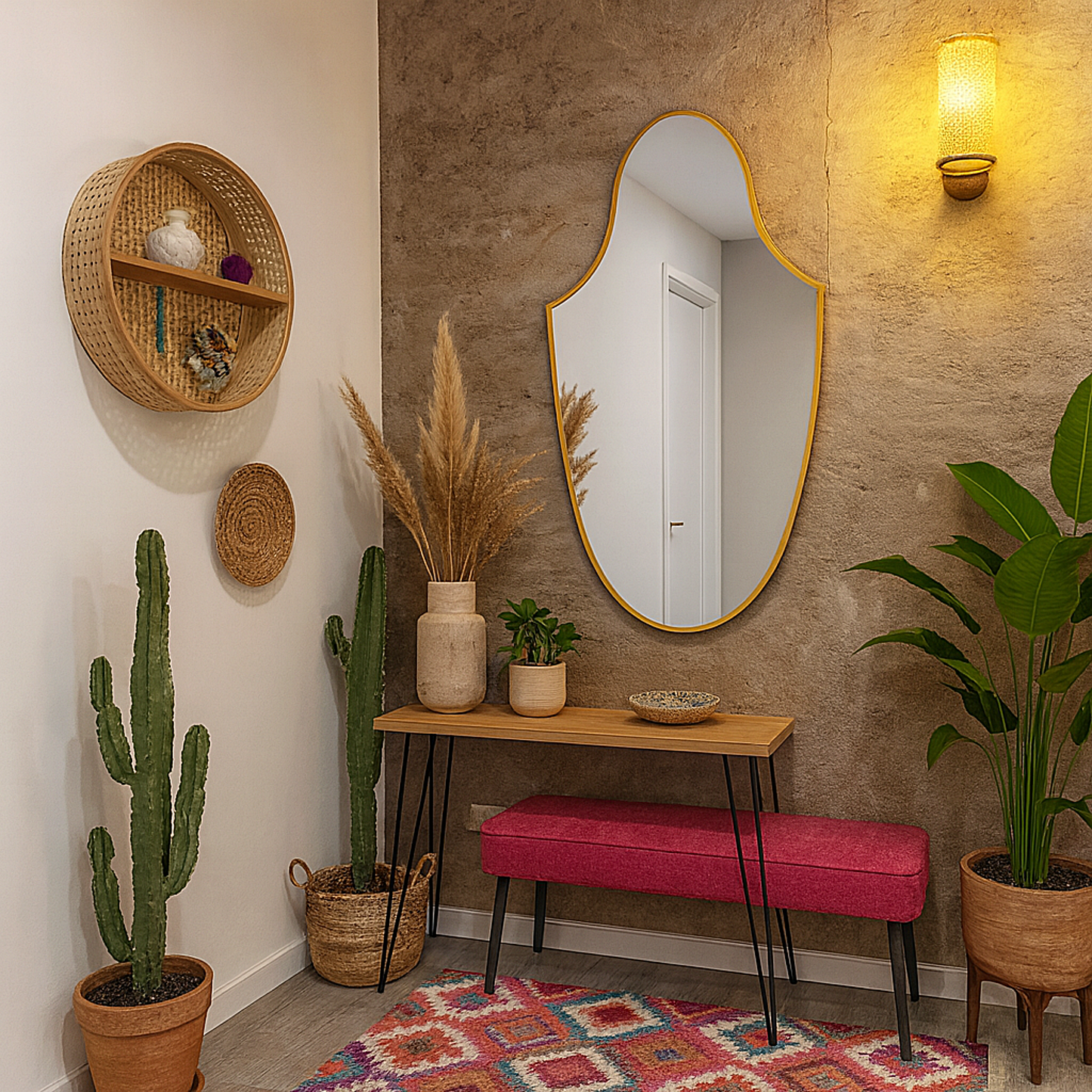 Modern Gold Wall Mirror – Arched Shield Shape Mirror for Living Room & Entryway