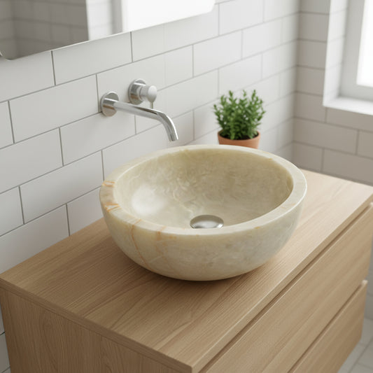 Marble Sink Green Onyx Stone Vessel – Handcrafted Round Bathroom Basin (40×40×15 cm)