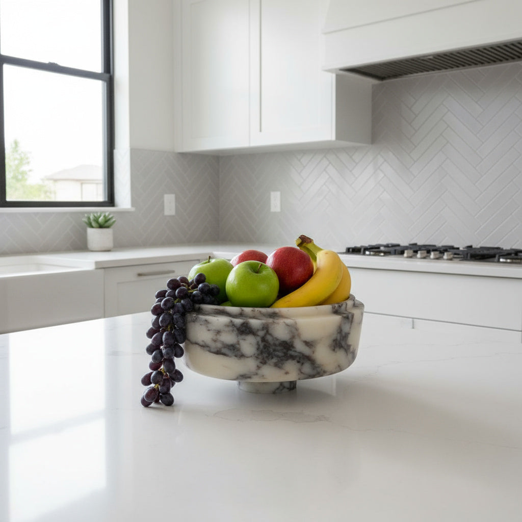 Marble Tray – Luxury Calacatta Viola Stone Pedestal Bowl 6"x10"x4.7" (15x25x12 cm) Hand-Carved Natural Marble Decor