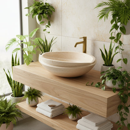 Luxury Marble Vessel Sink – Natural Travertine Stone Bathroom Basin, Handcrafted Modern Vanity Bowl (40x40x14 cm)