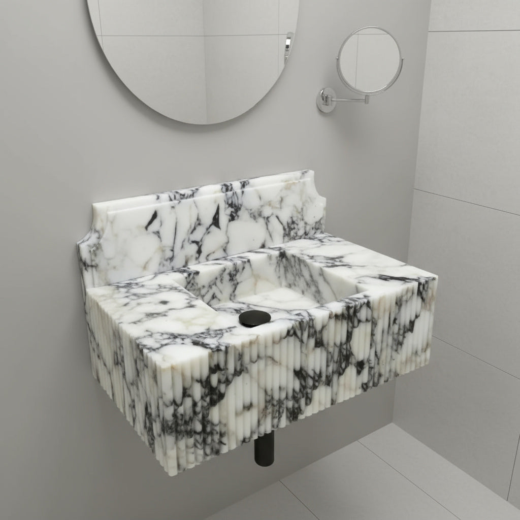 Marble Sink – Calacatta Viola Stone Bathroom Sink | Luxury Fluted Wall-Mount Basin