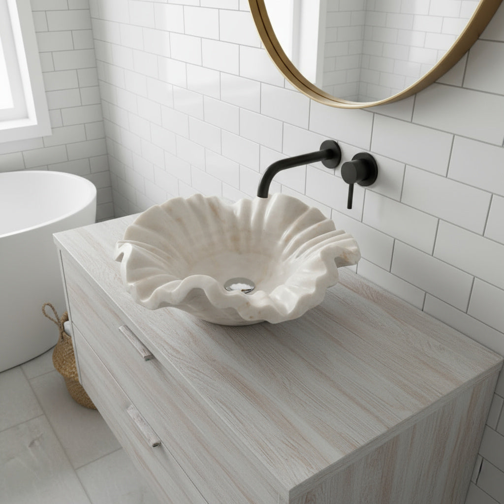 Marble Sink – Luxury Stone Vessel Sink Petal Bowl 17"x17"x6" (43x43x15 cm) Hand-Carved Natural Marble Basin