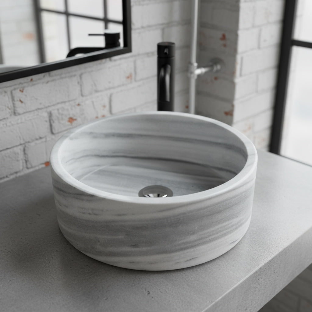 Marble Sink – Grey Stone Vessel Sink for Bathroom | Round Natural Marble Basin 16.5"x16.5"x6"