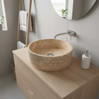 Marble Sink – Natural Stone Vessel Sink Travertine Noce Round 17"x17"x6" (43x43x15 cm) Hand-Carved Bowl