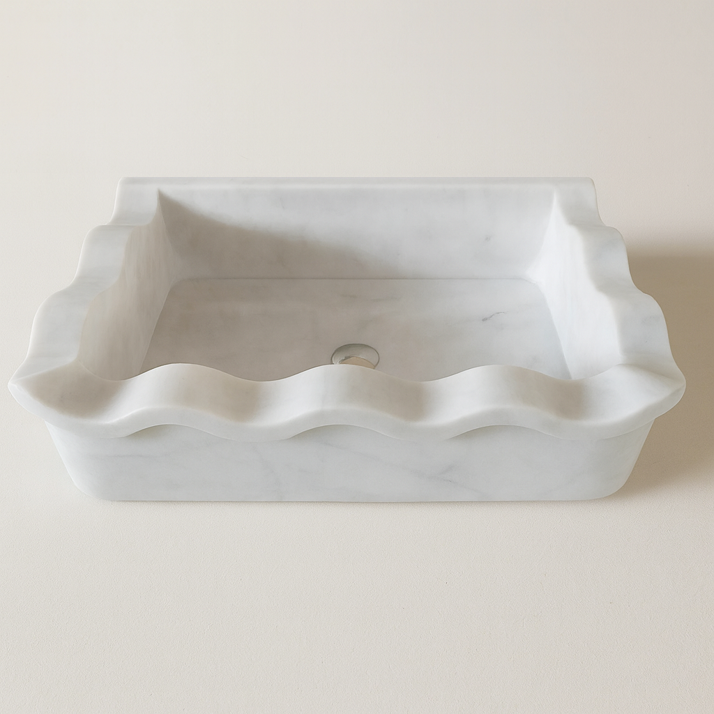 Luxury Marble Bathroom Sink – Carrara White Wall-Mount Rectangular Vanity with Wavy Edges
