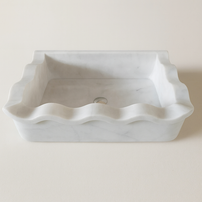 Luxury Marble Bathroom Sink – Carrara White Wall-Mount Rectangular Vanity with Wavy Edges