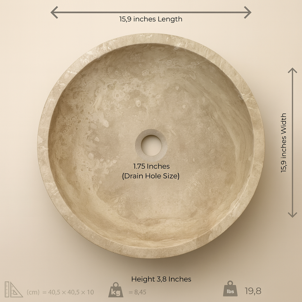 Marble Sink – Light Travertine Stone Vessel Sink for Bathroom | Round Natural Basin 16"x16"x4"