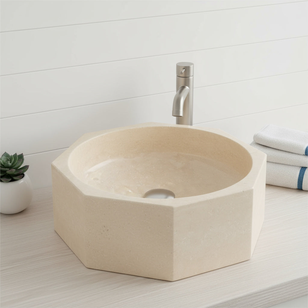 Marble Sink – Light Beige Travertine Octagon Vessel Bathroom Sink Polished | Natural Stone Above-Counter Basin 16"x16"x5"