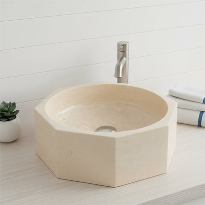 Marble Sink – Light Beige Travertine Octagon Vessel Bathroom Sink Polished | Natural Stone Above-Counter Basin 16"x16"x5"