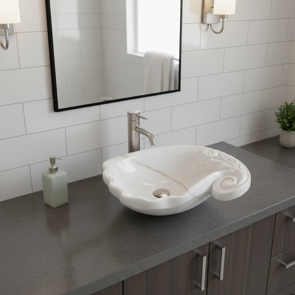 Luxury Marble Vanity – Hand-Carved Natural Stone Bathroom Basin with Floral Detail 23.6"x15.7"x5.9" (60x40x15 cm)