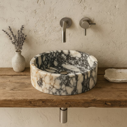 Marble Sink – Calacatta Viola Stone Vessel Sink for Bathroom | Luxury Round Basin 16"x16"x5.5"
