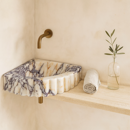 Marble Sink – Calacatta Viola Corner Wall-Mount Ribbed Vanity Sink | Luxury Natural Stone Basin 20"x20"x7"