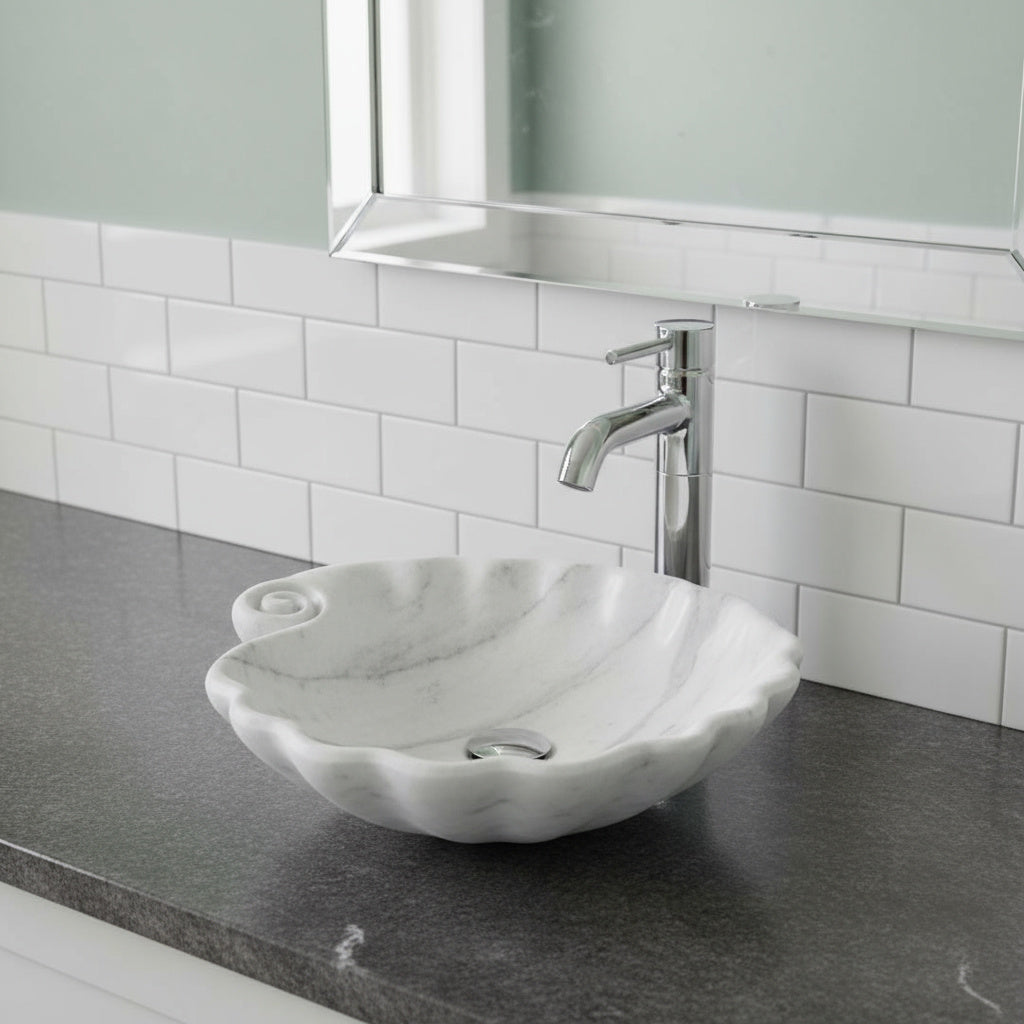 Luxury Marble Vessel Sink – Hand-Carved Shell Design Natural Stone Bathroom Basin