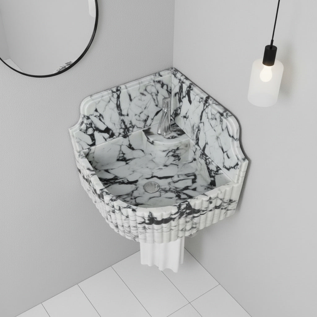 Marble Sink – Calacatta Viola Corner Wall-Mount Bathroom Sink with Fluted Design & 8" Backsplash | Luxury Natural Stone Basin 16"x16"x8"