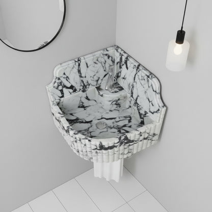 Marble Sink – Calacatta Viola Corner Wall-Mount Bathroom Sink with Fluted Design & 8" Backsplash | Luxury Natural Stone Basin 16"x16"x8"