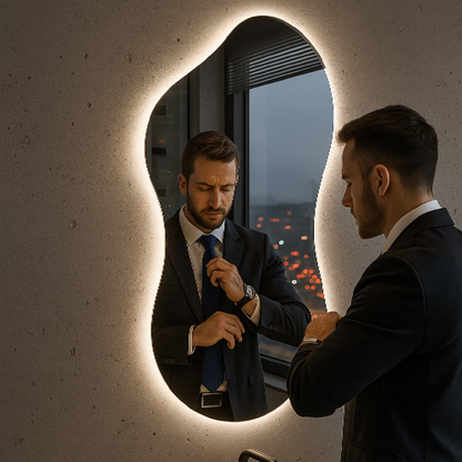 LED Bathroom Mirror Asymmetrical Shape – Modern Backlit Vanity Wall Mirror