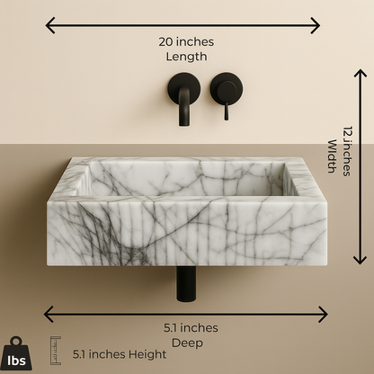 Luxury Marble Bathroom Sink – New York Marble Wall-Mount Vanity with Fluted Front (12” x 20” x 5”)