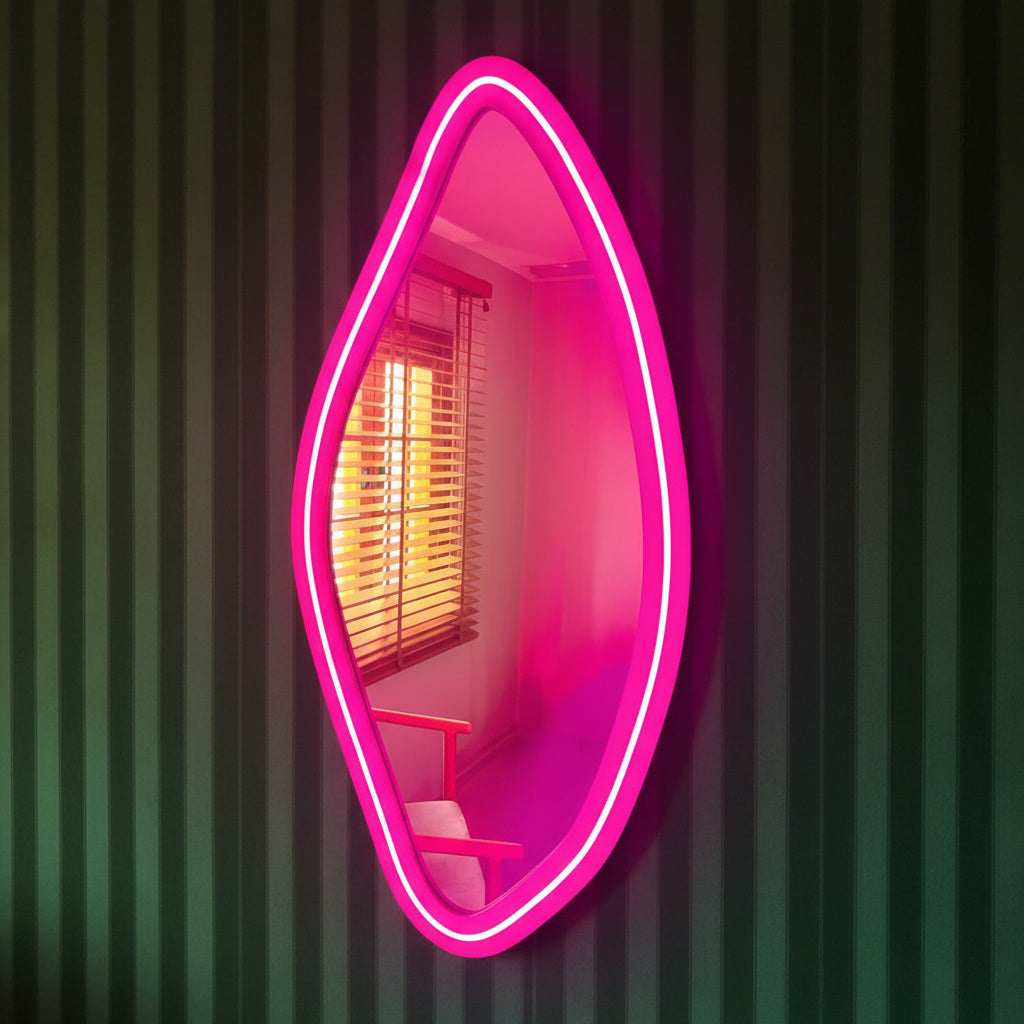 Neon LED Wavy Wall Mirror – Modern Irregular Shape MDF Frame Mirror | Decorative Accent for Bedroom & Living Room