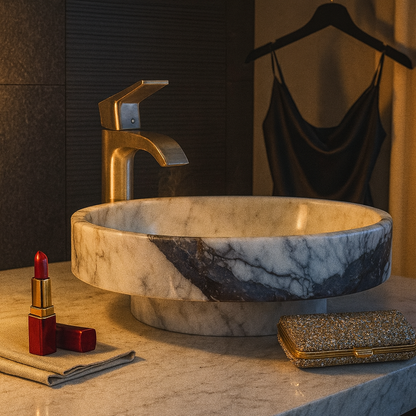 Marble Bathroom Sink – New York Marble Round Vessel Sink Polished | Natural Stone Above Counter Basin