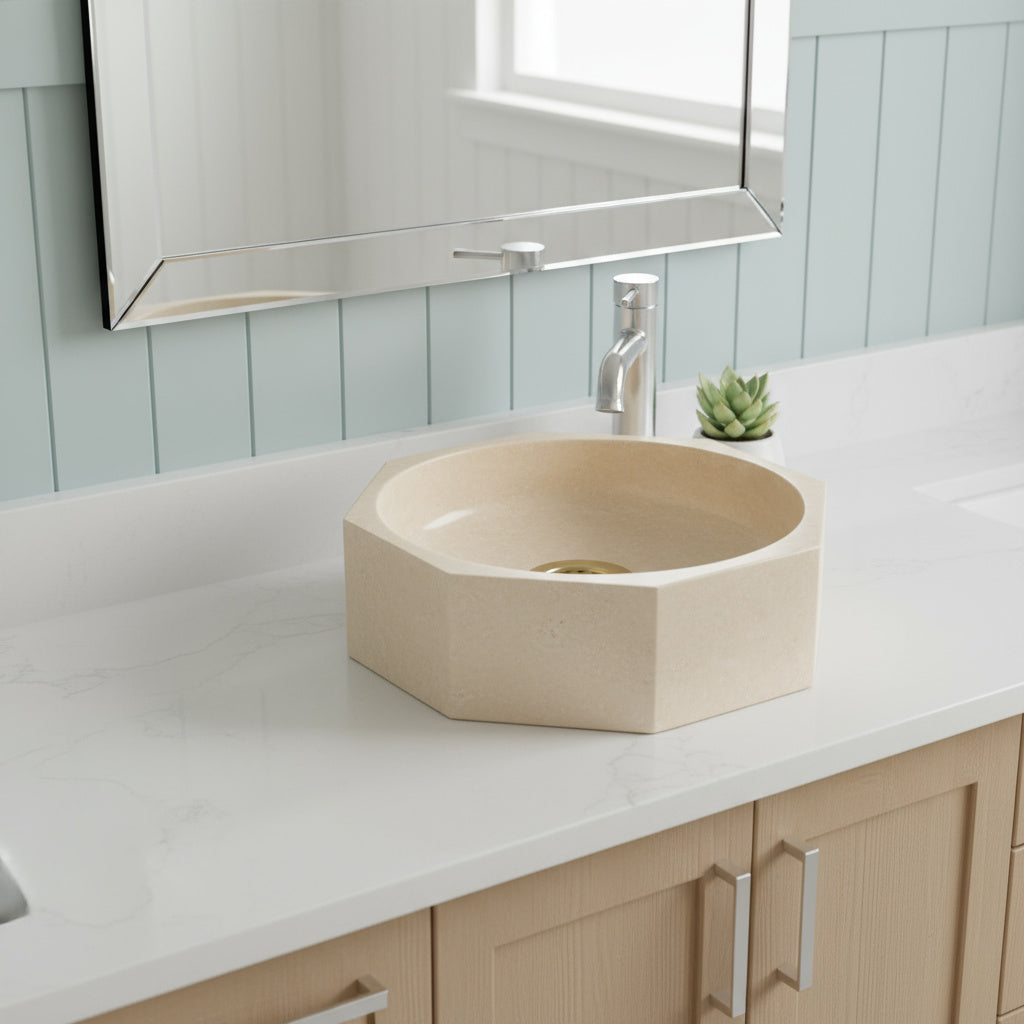 Marble Sink – Light Beige Travertine Octagon Vessel Bathroom Sink Polished | Natural Stone Above-Counter Basin 16"x16"x5"
