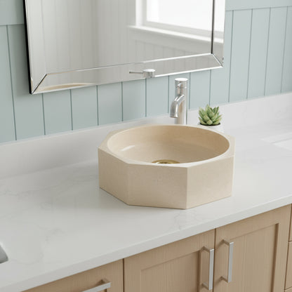 Marble Sink – Light Beige Travertine Octagon Vessel Bathroom Sink Polished | Natural Stone Above-Counter Basin 16"x16"x5"