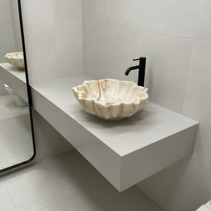 Marble Sink Stone Vessel Sink – Carrara Marble Leaf Bathroom Basin, Hand-Carved Natural Marble