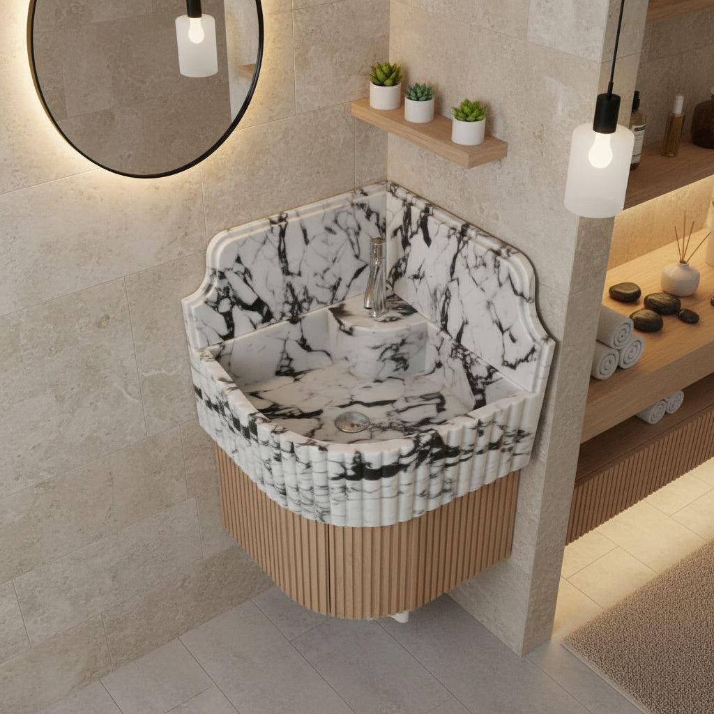 Marble Sink – Calacatta Viola Corner Wall-Mount Bathroom Sink with Fluted Design & 8" Backsplash | Luxury Natural Stone Basin 16"x16"x8"