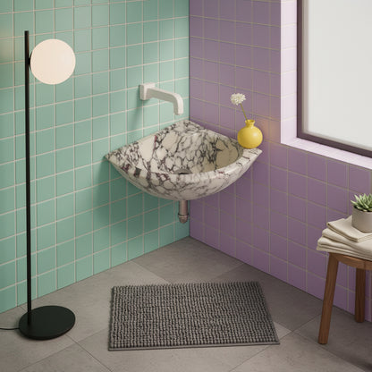 Marble Sink – Calacatta Viola Corner Wall-Mount Vanity Sink | Luxury Natural Stone Bathroom Basin 12"x12"x6"