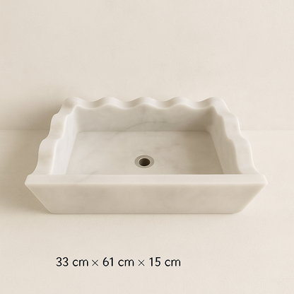 Luxury Marble Bathroom Sink – Carrara White Wall-Mount Rectangular Vanity with Wavy Edges