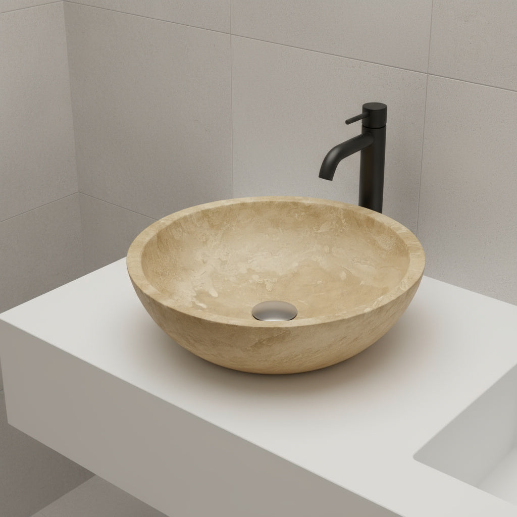 Marble Sink – Light Travertine Stone Vessel Sink for Bathroom | Round Natural Basin 16"x16"x4"