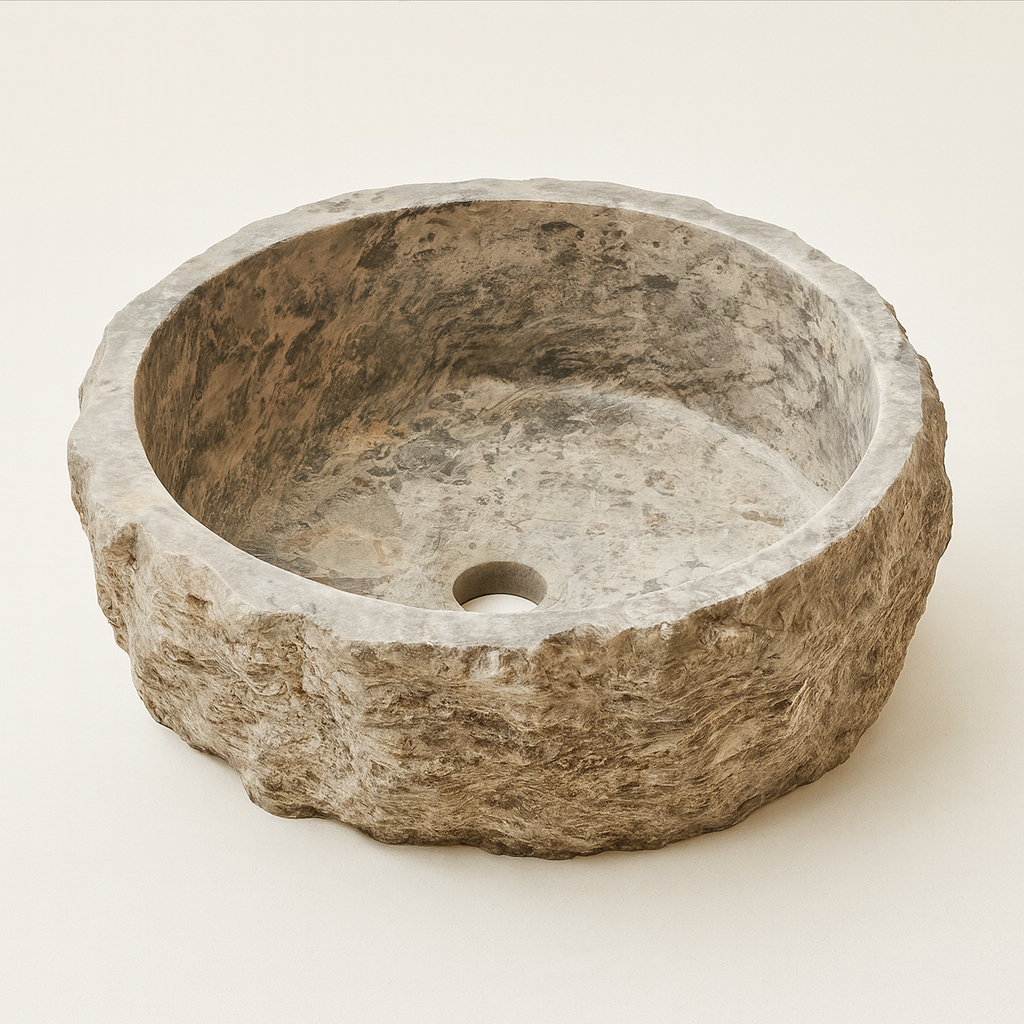 Rustic Stone Bathroom Sink – Silver Travertine Vessel Sink | Natural Hand-Carved Vanity Bowl