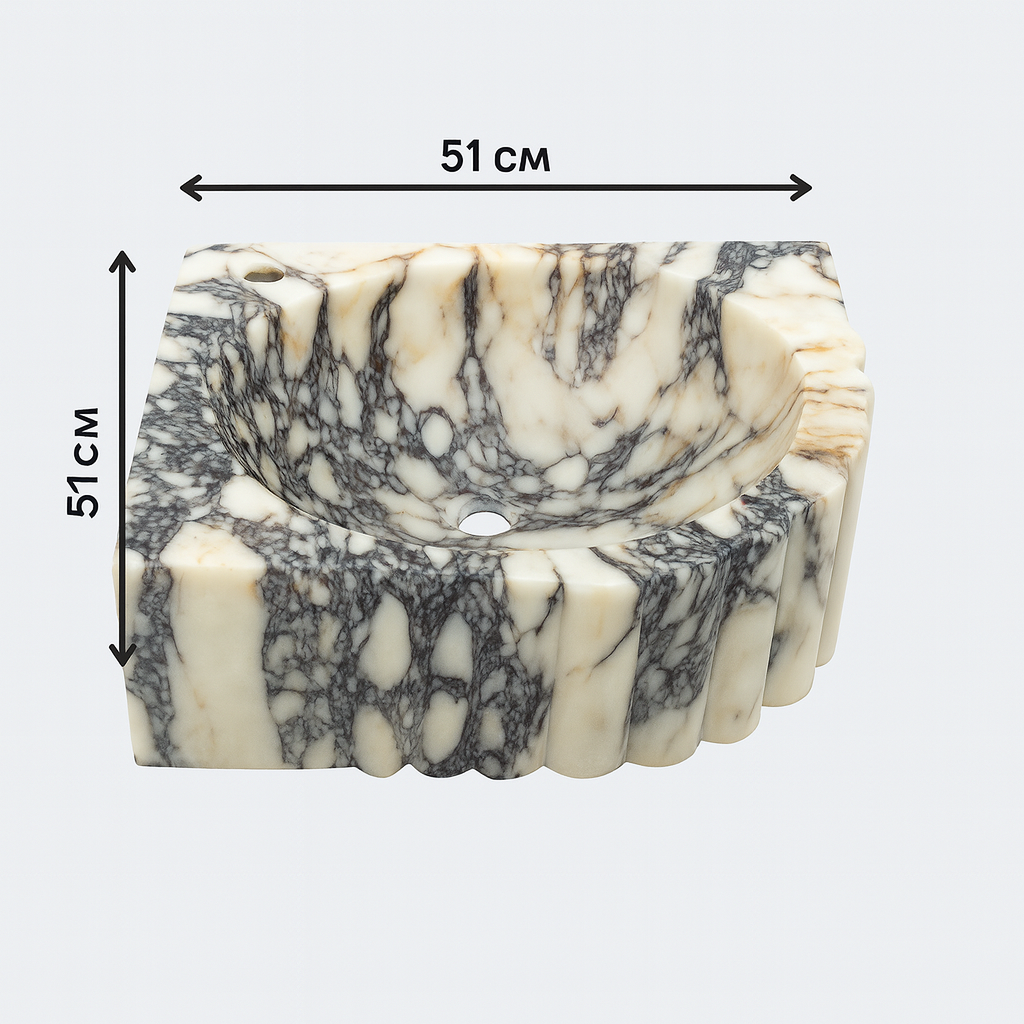 Marble Sink – Calacatta Viola Corner Wall-Mount Ribbed Vanity Sink | Luxury Natural Stone Basin 20"x20"x7"