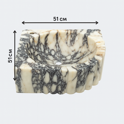 Marble Sink – Calacatta Viola Corner Wall-Mount Ribbed Vanity Sink | Luxury Natural Stone Basin 20"x20"x7"