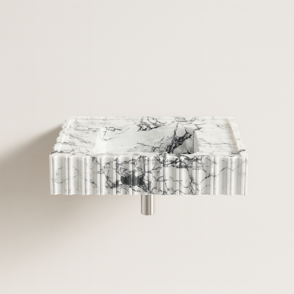 Marble Sink – Calacatta Viola Wall-Mount Bathroom Vanity Sink | Fluted U-Shape Stone Basin